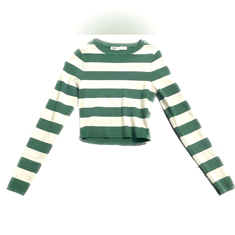Ribbed Crew Neck Sweater with Horizontal Green and White Stripes